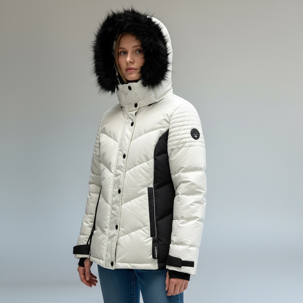 NOIZE White & Black Faux Fur Trim Parka